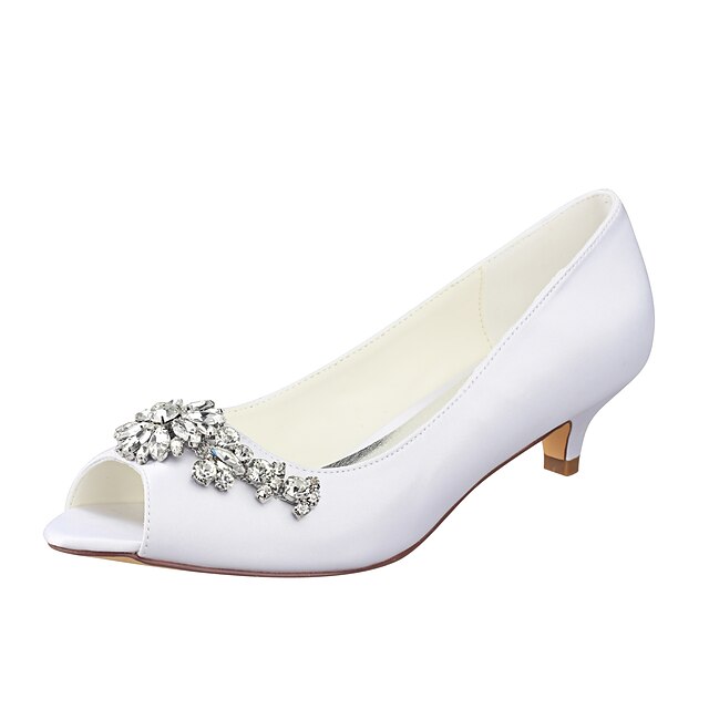  Women's Wedding Shoes Kitten Heel Peep Toe Basic Pump Wedding Party & Evening Crystal Stretch Satin Summer White