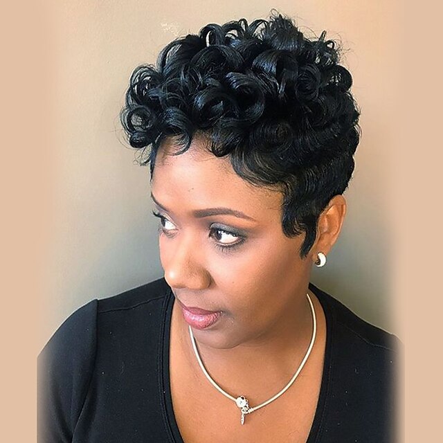  Human Hair Blend Wig Short Afro Jerry Curl Pixie Cut Short Hairstyles 2020 Berry Afro Jerry Curl African American Wig Machine Made Natural Black #1B 8 inch