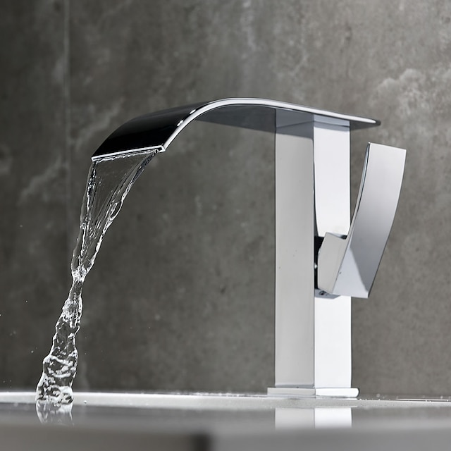  robinet de bassin cascade moderne en cuivre chromé, robinet d'évier de salle de bain à un trou avec interrupteur chaud et froid