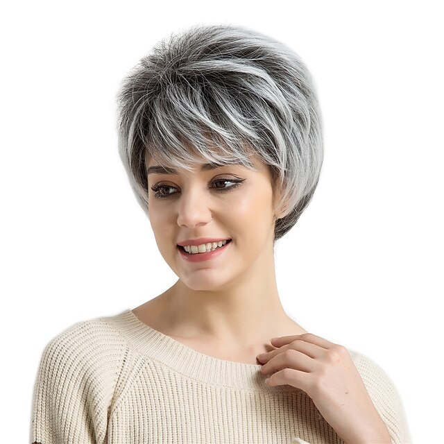  Synteettiset peruukit Suora Suora Otsatukalla Peruukki Lyhyt Harmaa Synteettiset hiukset Naisten Liukuvärjätyt hiukset Sivuosa Musta Valkoinen MAYSU