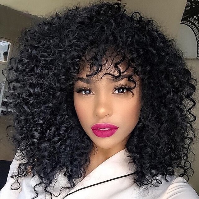  Synthetic Wig Curly Curly With Bangs Wig 13cm(Approx5inch) Natural Black #1B Synthetic Hair Women's Black