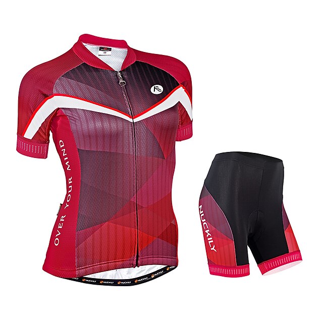  Nuckily Mujer Manga Corta Maillot de Ciclismo con Shorts - Rojo Geométrico Bicicleta Shorts/Malla corta Camiseta/Maillot Sets de Prendas, 