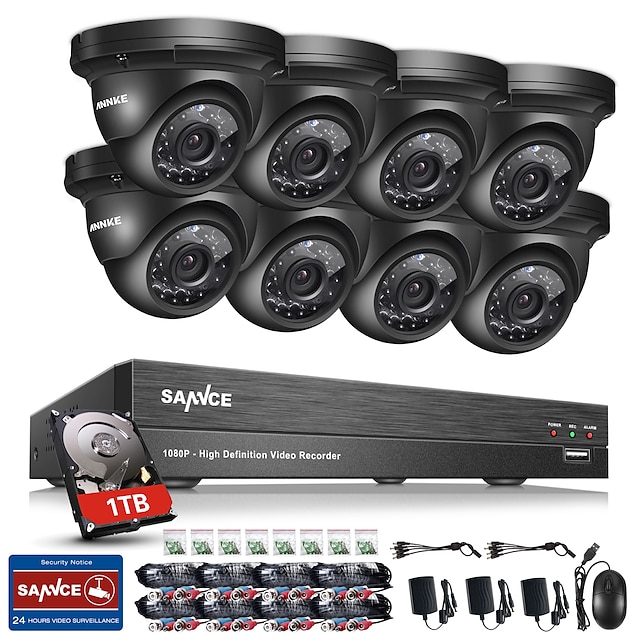  sannce® 1080p hd video 8ch ahd dvr med 2,0mp innendørs utendørs ir sikkerhet kamera system 1tb hdd