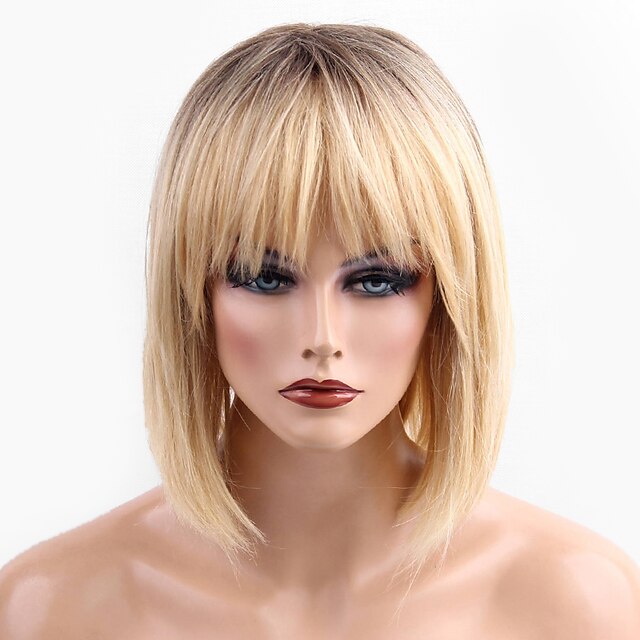  Μίγμα ανθρώπινων μαλλιών Περούκα Μεσαίο Ίσιο Σύντομα Hairstyles 2020 Ίσια Μαλλιά με ανταύγειες Σκούρες ρίζες Μηχανοποίητο Γυναικεία Μαύρο Μεσαία Auburn Κίτρινο 14 Ίντσες