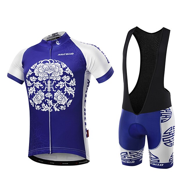  Malciklo בגדי ריקוד גברים שרוולים קצרים חולצת ג'רסי ומכנס קצר ביב לרכיבה - כחול/לבן שחור / כחול בריטי גאומטרי אופניים מדים בסטים, 3D לוח,