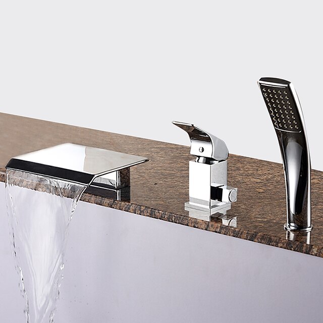  Robinet de baignoire - contemporain Chrome Baignoire romaine Soupape céramique Bath Shower Mixer Taps / Laiton / Mitigeur Trois trous