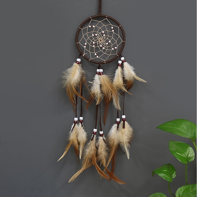 Dream Catcher Flower Pattern Handmade Gift with Gradient Feather and Beaded Wall Hanging Decor Art Indian Style 55*11 cm
