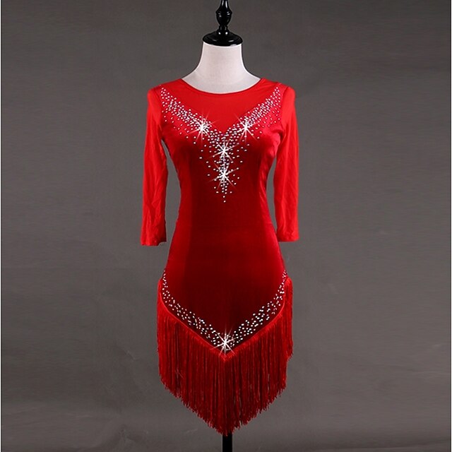  Latin Dance Dresses Women's Performance Spandex Tassel / Crystals / Rhinestones Half Sleeve Dress