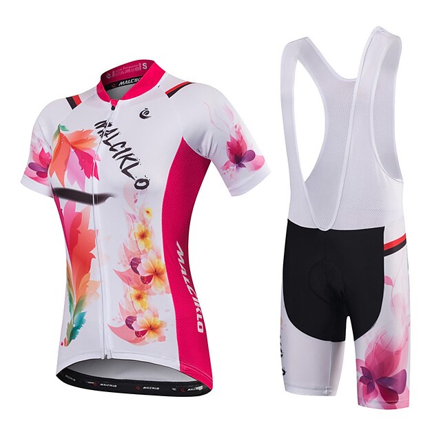  Malciklo Women's Short Sleeve Cycling Jersey with Bib Shorts Black / Red White+Red Floral Botanical Bike Jersey Bib Tights Padded Shorts / Chamois Breathable Quick Dry Anatomic Design Ultraviolet