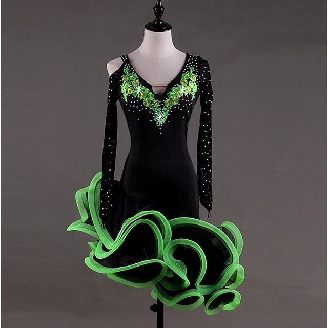  платье для латиноамериканских танцев сальса аппликации кристаллы/стразы женское выступление длинный рукав высокий спандекс жоржет