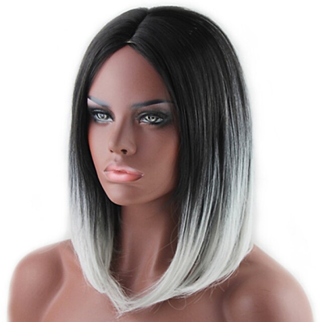  parrucca cosplay costume parrucca sintetica parrucca diritta dritta parrucca di media lunghezza capelli sintetici grigi ombre capelli radici scure parte centrale grigio