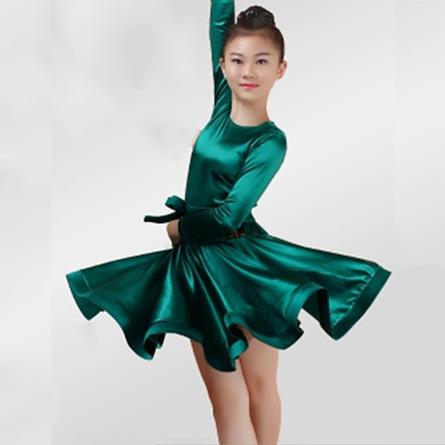  Latein-Tanz Kleid Mit Bändern und Schleifen Horizontal gerüscht Mädchen Leistung Langarm Elasthan