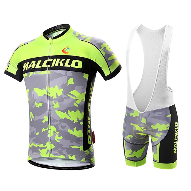  Malciklo Men's Cycling Jersey with Bib Shorts Short Sleeve Mountain Bike MTB Road Bike Cycling White Black Camo / Camouflage Bike Clothing Suit Lycra 3D Pad Breathable Quick Dry Back Pocket Sports