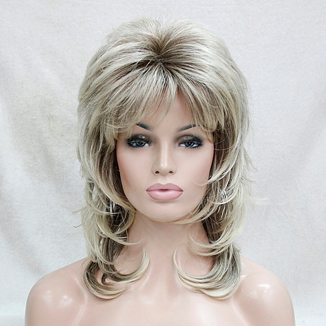  Synthetic Wig Wavy Wavy Layered Haircut With Bangs Wig Medium Length Blonde Synthetic Hair Women's Blonde Hivision