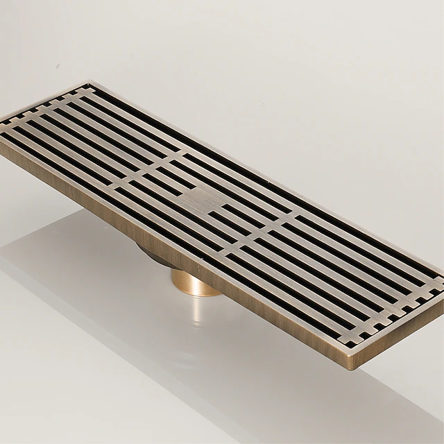 12 Inch Rectangular Linear Shower Drain Bath Floor with Brick Pattern Grate, Brushed Brass Bathroom Floor Drain, Shower Floor Drain Includes Hair Strainer 7