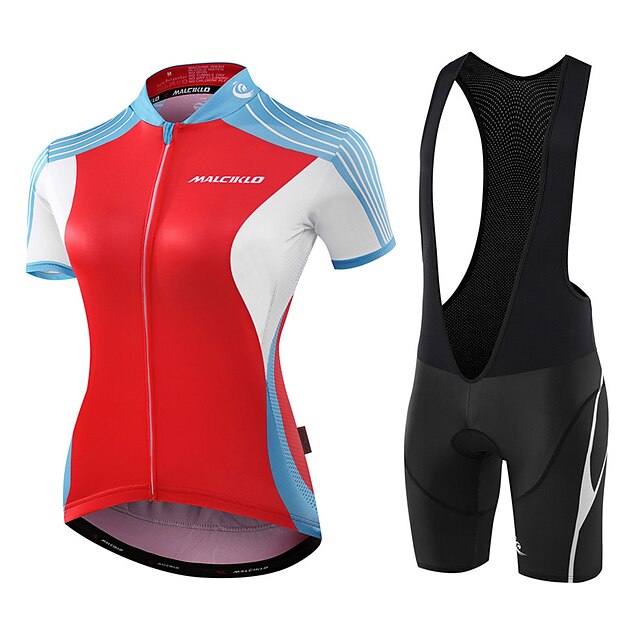  Malciklo Women's Cycling Jersey with Bib Shorts Short Sleeve Mountain Bike MTB Road Bike Cycling Red White Black Red Leaf Geometic Fashion Bike Jersey Bib Tights Padded Shorts / Chamois Bamboo-carbon