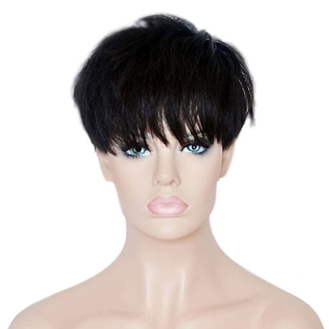  Human Hair Blend Wig Short Straight Pixie Cut With Bangs Straight Short Glueless Machine Made Women's Natural Black #1B