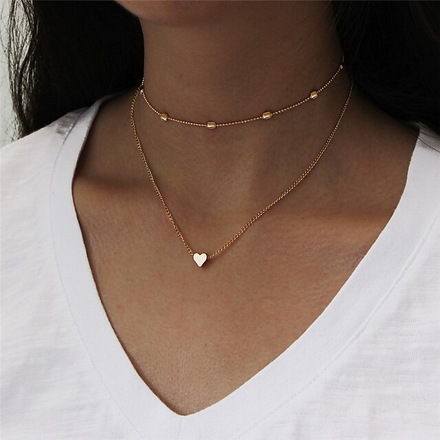  Women's Choker Necklace Layered Necklace Double Floating Heart Ladies Simple Fashion Alloy Gold Silver Necklace Jewelry One-piece Suit For Evening Party New Year