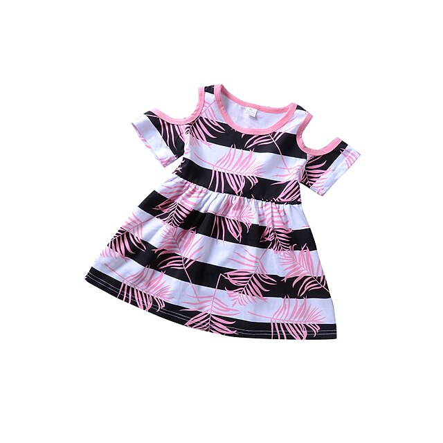  Toddler Girls' Simple Daily / Holiday Striped / Print / Color Block Stripe / Floral Style Short Sleeve Cotton Dress Pink / Cute