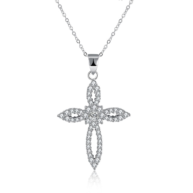  Women's Cubic Zirconia tiny diamond Pendant Necklace Cross Circle Cross Ladies Fashion S925 Sterling Silver Silver Necklace Jewelry One-piece Suit For Gift Daily