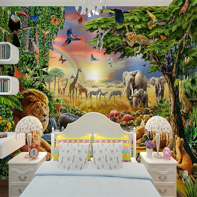  Papier peint mural pour chambre d'enfant, adhésif requis, prairie africaine, jungle, animal, décoration de maison, toile