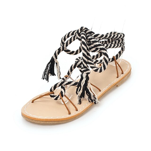 Women's Sandals Lace up Flat Heel Open Toe Linen Comfort / Gladiator Spring / Summer Black / White / Beige / Color Block
