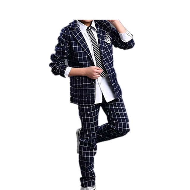  Kids Boys' Clothing Set Long Sleeve Wine Navy Blue Check Solid Colored Formal Style Retro Stylish Cotton Party Daily Simple Basic Casual Regular / Fall / Spring