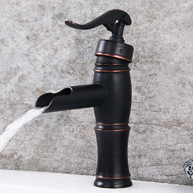  olie-gnidet bronze håndvask vandhane, sort vandfald centersæt enkeltgreb et huls badehaner med varmt og koldt vand kontakt