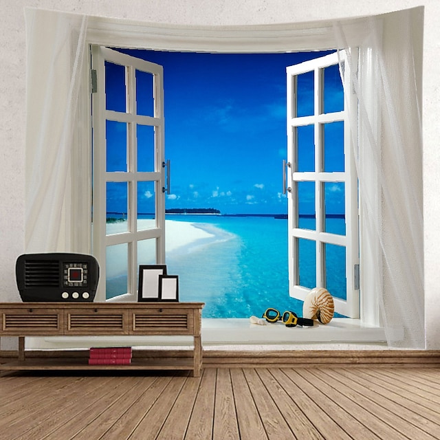  Window Landscape Wall Tapestry Art Decor Blanket Curtain Picnic Tablecloth Hanging Home Bedroom Living Room Dorm Decoration Polyester Sea Ocean Beach