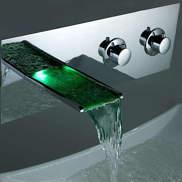  Bathroom Sink Faucet - Waterfall / Color-Changing Chrome Vessel Two Handles One Hole