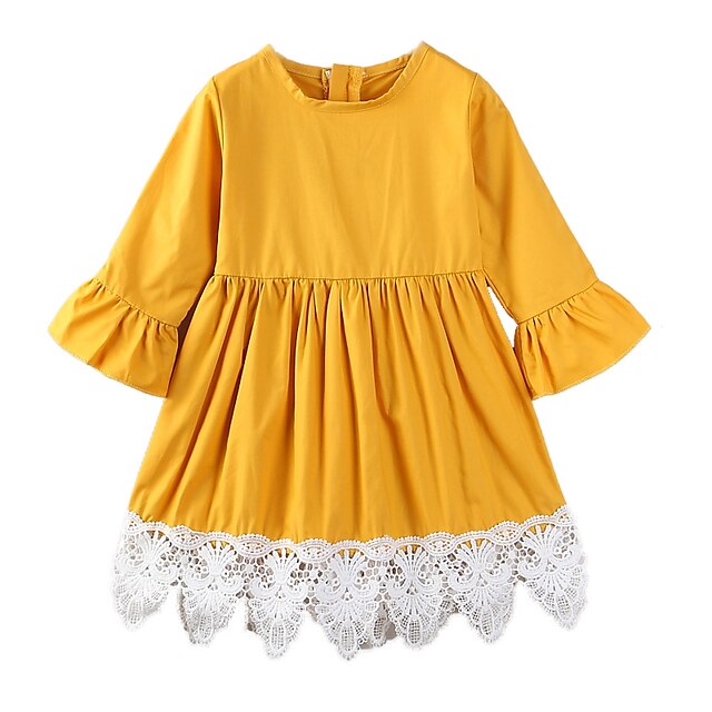  Robe Fille Bébé Petit Mosaïque Couleur Pleine Quotidien Sortie Fleur Tendance Couleur unie Jaune Coton Polyester simple Simple Robes Printemps Eté / A Volants