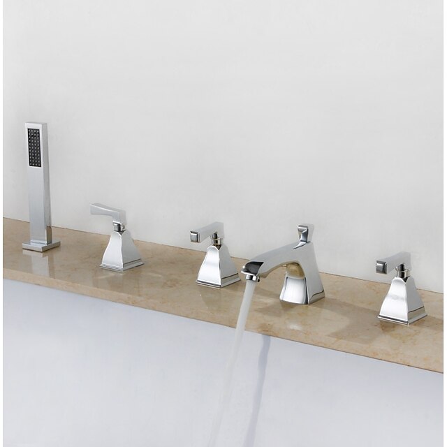  Robinet de baignoire - contemporain Chrome Baignoire romaine Soupape en laiton Bath Shower Mixer Taps / Trois poignées cinq trous