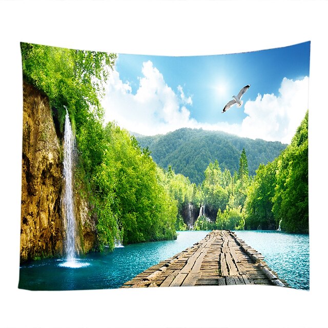  wall tapestry art decor koc kurtyna piknik obrus wiszący dom sypialnia salon w akademiku dekoracja natura krajobraz rzeka wodospad góra