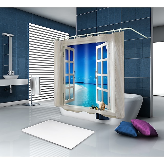  cortina de chuveiro com ganchos adequada para divisão de zona molhada e seca separada cortina de chuveiro de banheiro à prova d'água à prova de óleo azul contemporâneo poliéster à prova d'água 70in