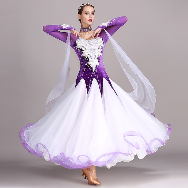  Ballroom Dance Dress Appliques Crystals / Rhinestones Women's Training Performance Long Sleeve High Tulle Velvet