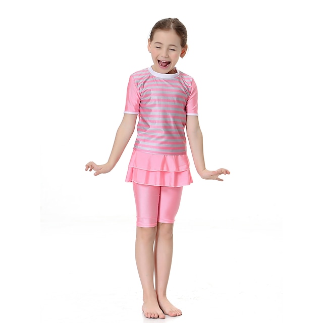  Kinderen Meisjes Boho Sport Kleurenblok Klassieke Stijl Korte Mouw Badmode Blozend Roze