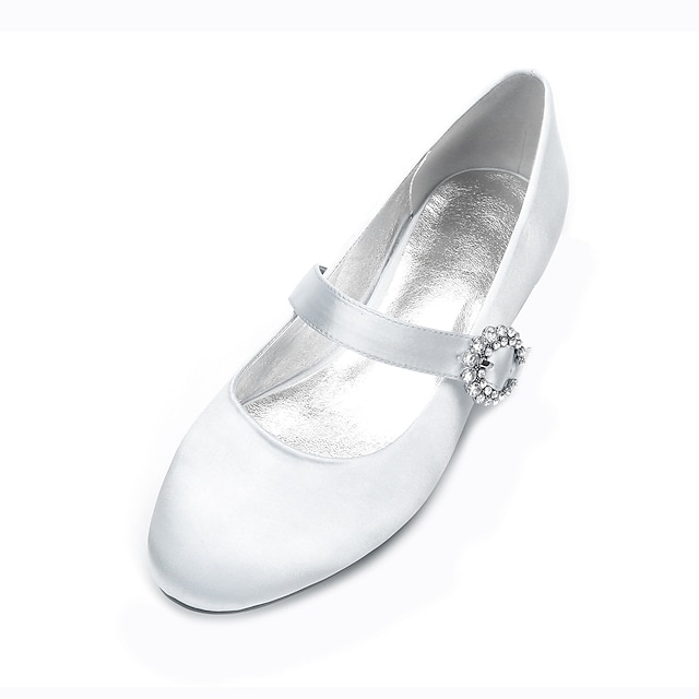  Mulheres Sapatos De Casamento Mary Janes Cor Sólida Sapatos de noiva Pedrarias Sem Salto Ponta Redonda Clássico Cetim Prata Preto Branco