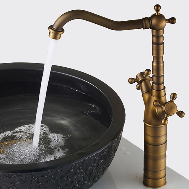  Bathroom Sink Faucet - Waterfall Antique Brass Centerset Two Handles One HoleBath Taps