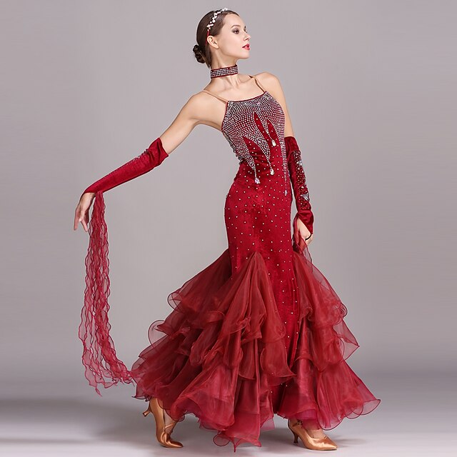  Ballroom Dance Dress Crystals / Rhinestones Women's Training Performance Sleeveless High Velvet