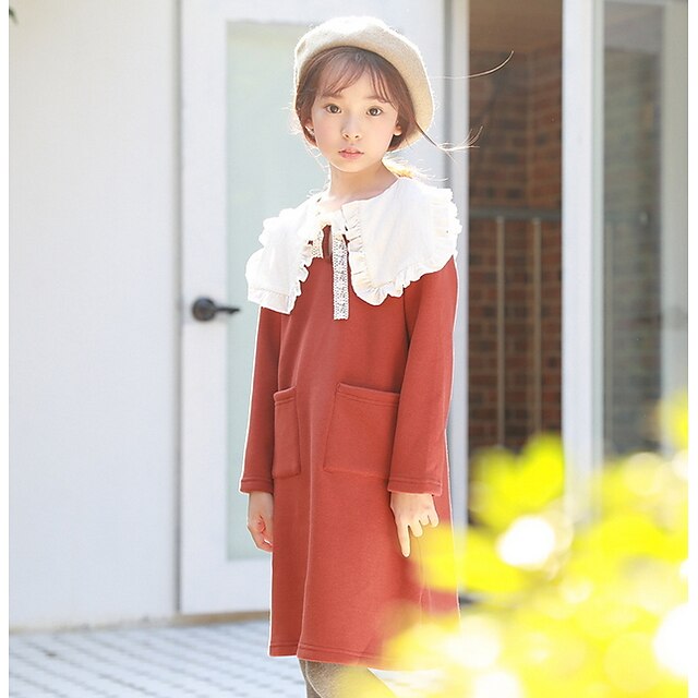  Robe Fille Enfants Petit Bloc de Couleur Quotidien Rouge Polyester Manches Longues Rétro Vintage Robes Printemps