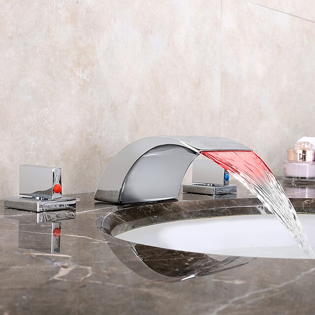  バスルームのシンクの蛇口 - LED / 滝状吐水タイプ クロム 組み合わせ式 二つのハンドル三穴Bath Taps / 真鍮