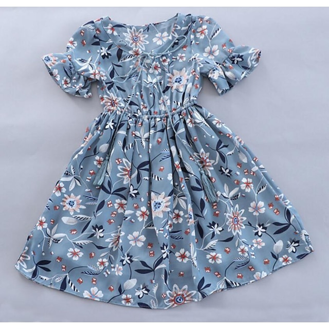  Παιδιά Λίγο Κοριτσίστικα Φόρεμα Μονόχρωμο Καθημερινά Αργίες Θαλασσί Κοντομάνικο Ενεργό Φορέματα Καλοκαίρι