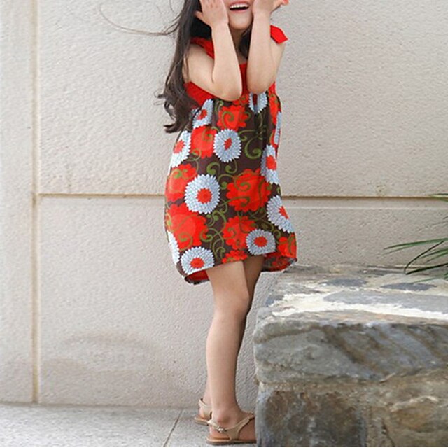  Niños Chica Floral Playa / Fin de semana Un Color Estampado Algodón Vestido Rojo