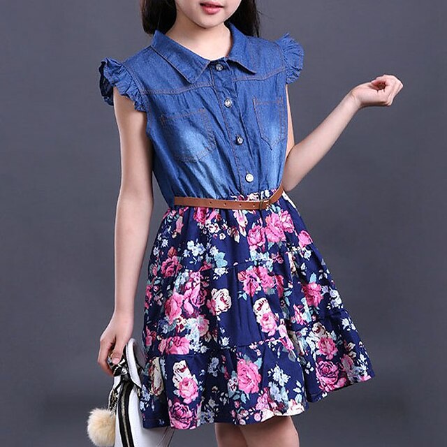  Girls' Dress Sleeveless Print Blue Children Tops Summer Floral Ruffle Daily 3-6 Y