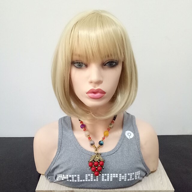  Synthetic Wig Straight Bob With Bangs Wig Blonde Medium Length Blonde Synthetic Hair 14 inch Women's Heat Resistant With Bangs Blonde