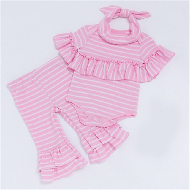  赤ちゃん 女の子 カジュアル 日常 ストライプ 半袖 コットン アンサンブル ピンク
