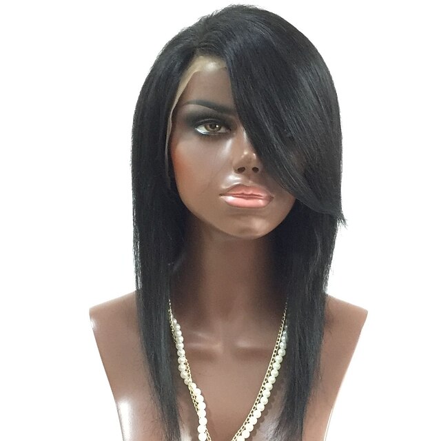  Unprocessed Human Hair Lace Front Wig Layered Haircut Side Part With Bangs Kardashian style Brazilian Hair Straight Black Wig 130% Density with Baby Hair For Black Women Women's Short Medium Length