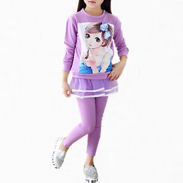  Kids Girls' Floral Daily Print Long Sleeve Regular Regular Cotton Clothing Set Purple