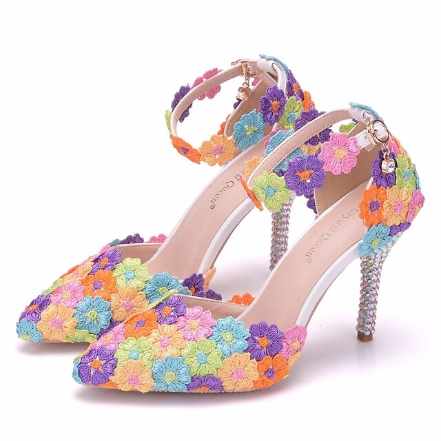  Women's Wedding Shoes Wedding Heels Buckle Stiletto Heel Pointed Toe Comfort Novelty Wedding Party & Evening PU Fall Spring Floral Rainbow