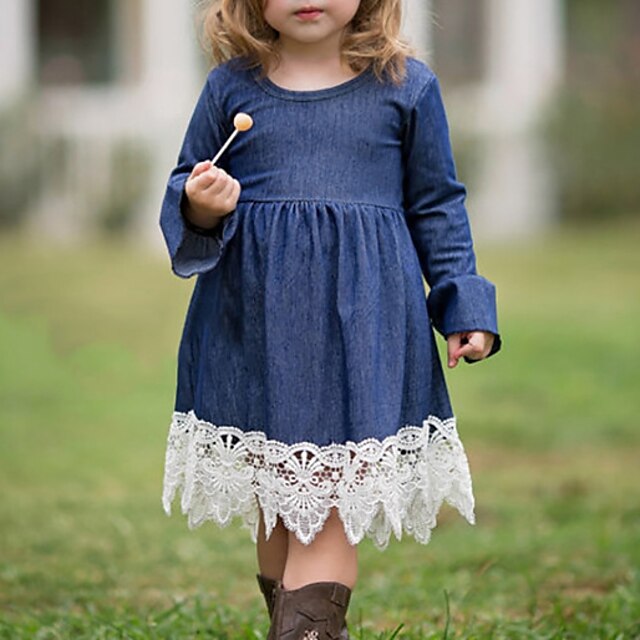  Νήπιο Κοριτσίστικα Απλός Μπόχο Καθημερινά Εξόδου Patchwork Μονόχρωμο Δαντέλα Σουρωτά Κλασσικό στυλ Μακρυμάνικο Φόρεμα Βαθυγάλαζο